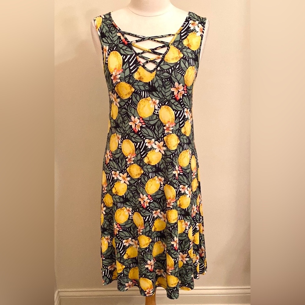 Spense Black Yellow Lemon Print Sleeveless Criss Cross V-Neck Casual Dress SZ M